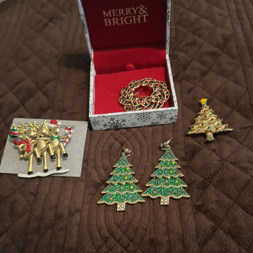 Festive Green and Gold Christmas Tree Earrings and various Christmas brooches